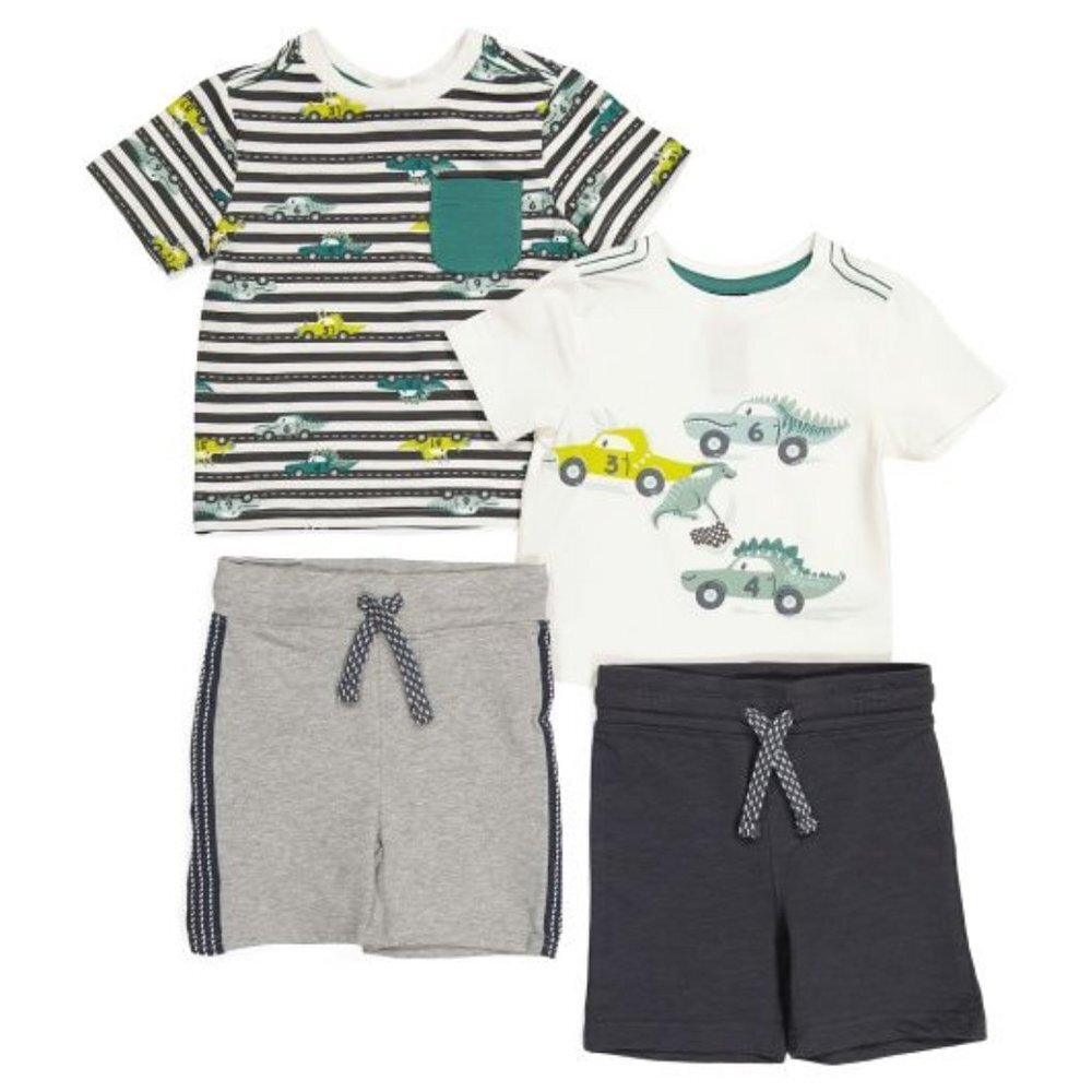 FIERCE FRANK Baby Boy 12 Month 4 Piece Mix N Match Short Sets DINO Car Print 12M